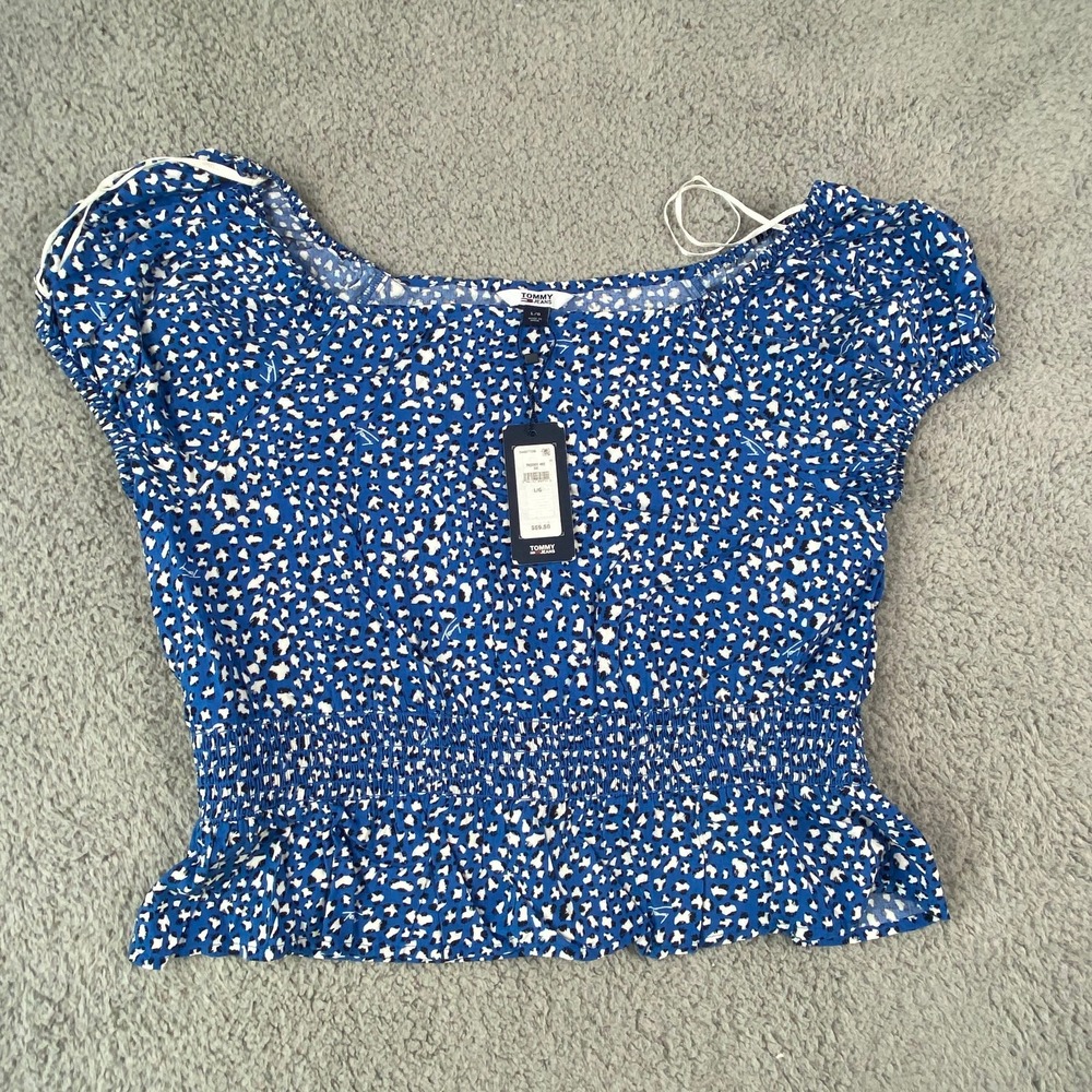Tommy Jeans Shirt Womens Large Blue‎ White Floral Smocked Cap Sleeve Top 76J2321